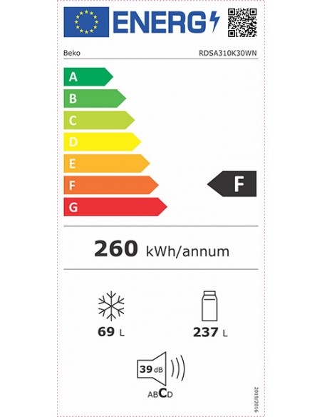 Frigorífico 2 puertas Beko RDSA310K30WN, Blanco, 175 cm, F en