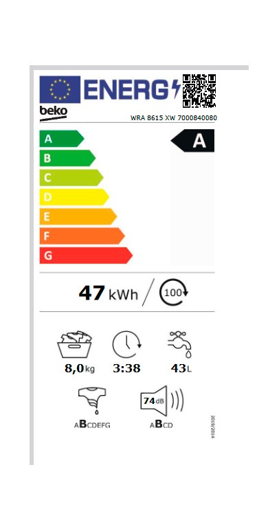 Lavadora Libre Instalación - Beko WRA 8615 XW, 8 kg, 1200 rpm, Blanco, Vapor