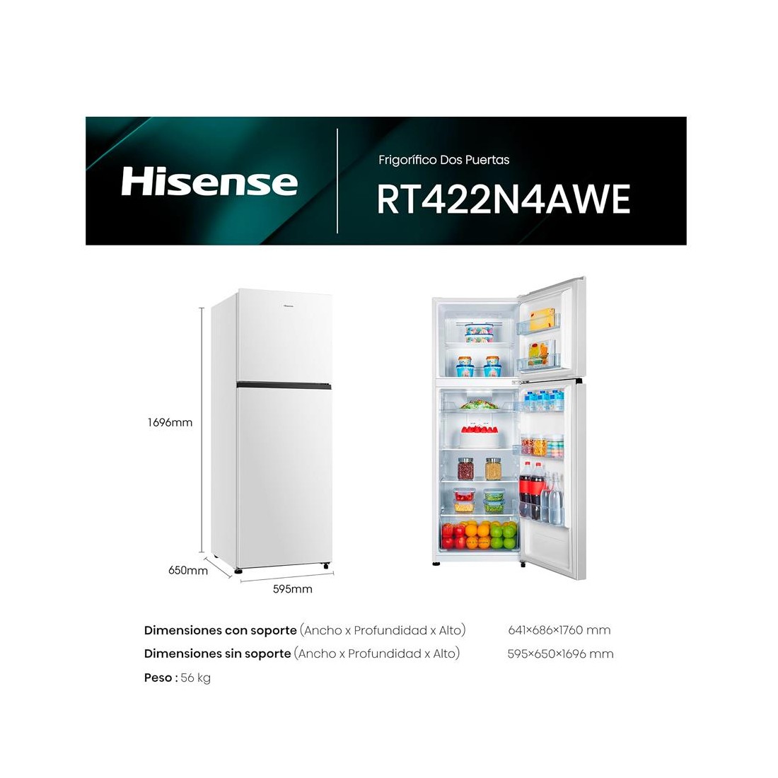 Frigorífico dos puertas - Hisense RT422N4AWF, No Frost, 325 l, 176 cm, –  Join Banana