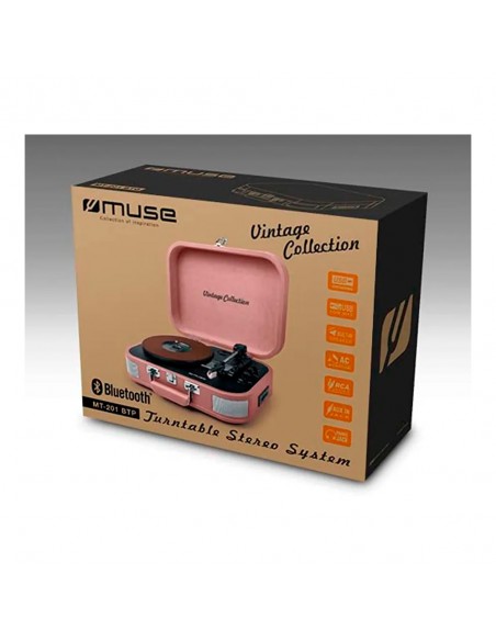 Tocadiscos - MUSE MT-201 BTP Pink / Tocadiscos con altavoces MUSE,  Bluetooth, USB, RCA y jack 3.5mm, 33 / 45 / 78 rpm, Rosa